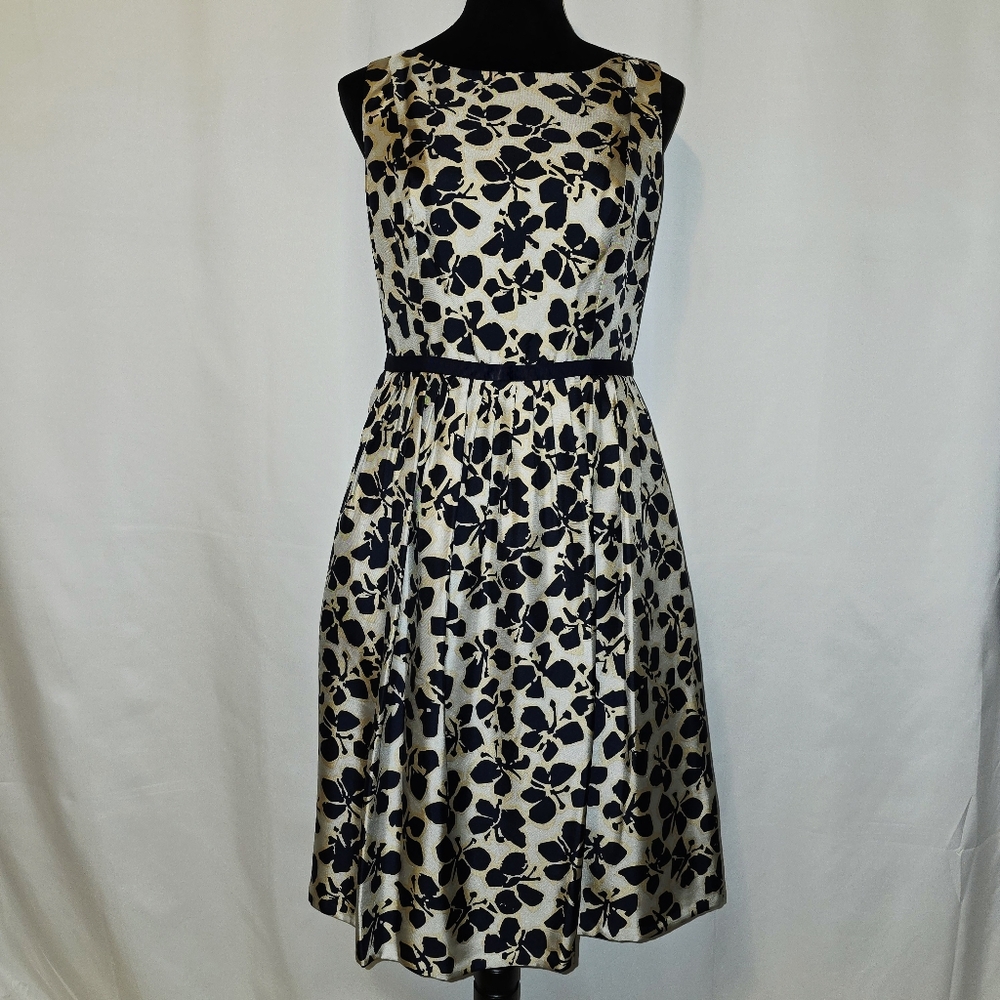 Carmen Marc Valvo Navy and Gold SILK Floral Midi Dresss